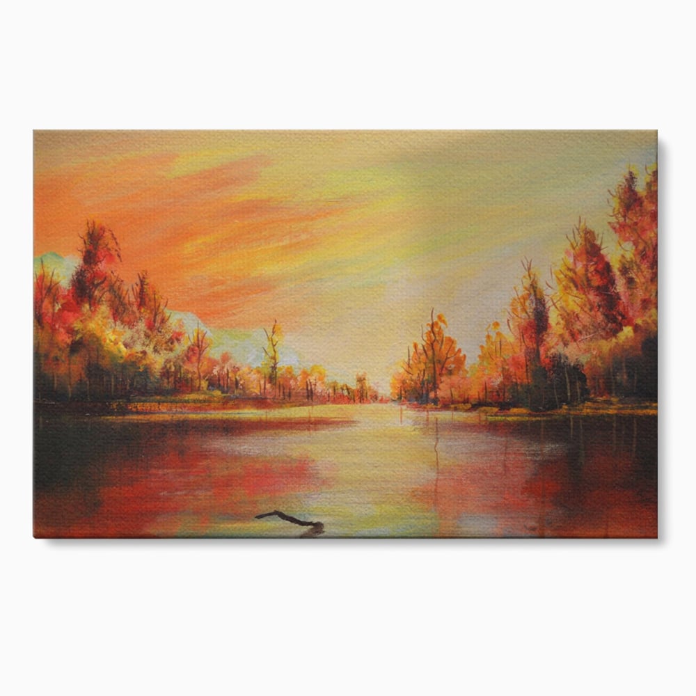 Tablou canvas cu pictura cu peisaj de toamna si lac, fara rama, pe sasiu de lemn